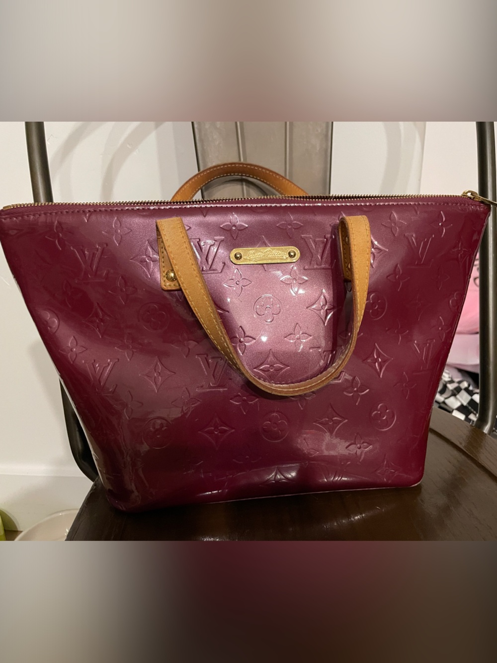 Louis Vuitton Plum Vernis Tote with Tan Leather Handles